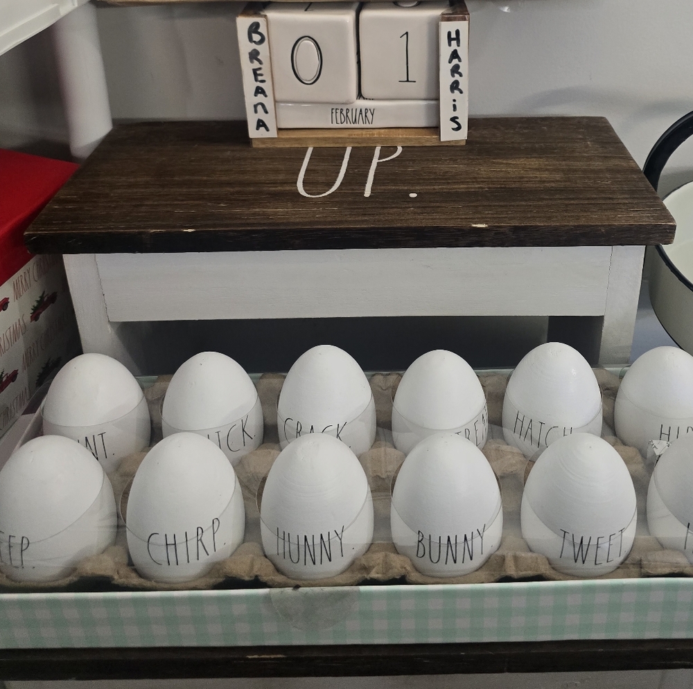 Rae DUNN White Wooden Egg Set with Black Lettering